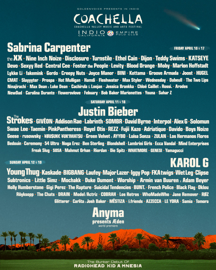 Justin Bieber, Sabrina Carpenter, and Karol G are going to be the headliners of Coachella 2026 